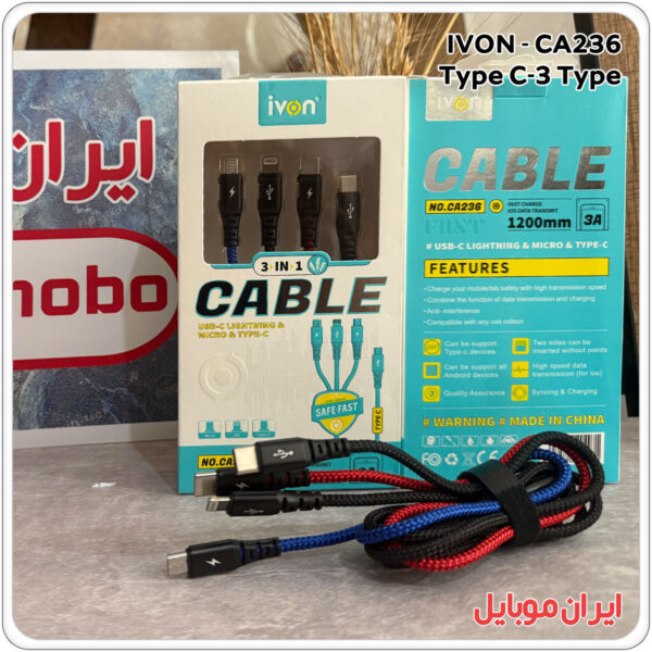 کابل شارژر تایپ سی به سه خروجی IVON CA236